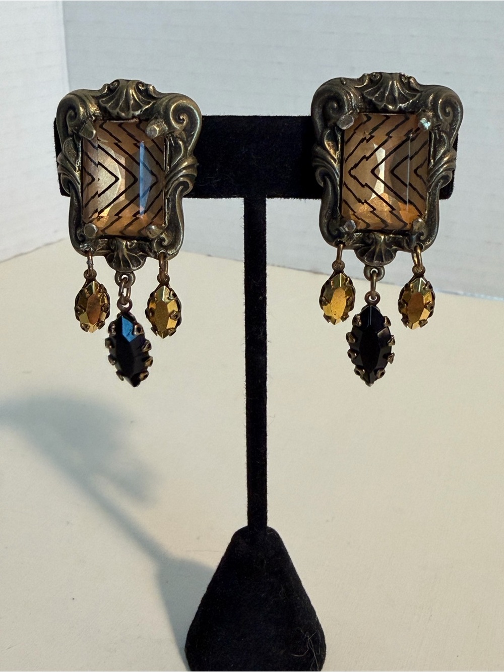 Vintage Banana Bob Antique Brass Zebra Print Amber Glass Drop Clip On Earrings